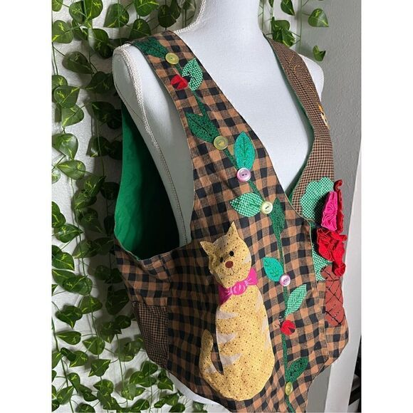 Handmade Brown Tan Checkered Patchwork Fall Cat & 3D Flowers Vest Size Large - Picture 3 of 4